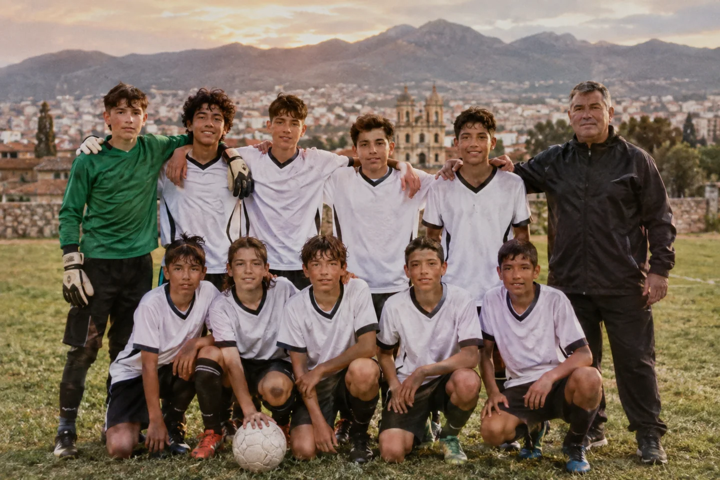 Equipo juvenil con entrenador después de una práctica